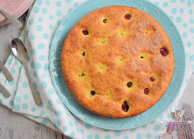 gâteau à la compote de rhubarbe et framboises cuit