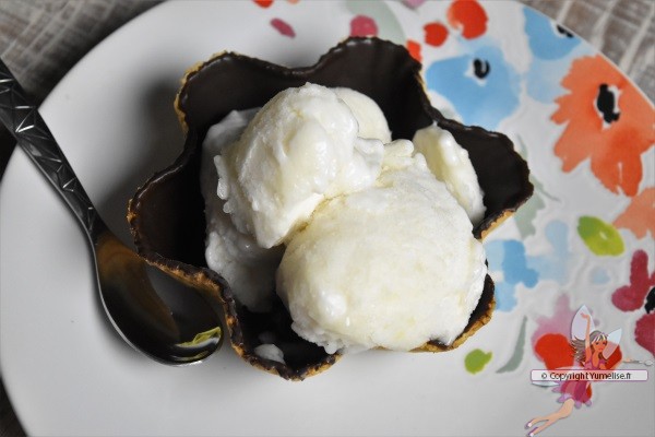 sorbet à la p^che plate dans coupe au chocolat