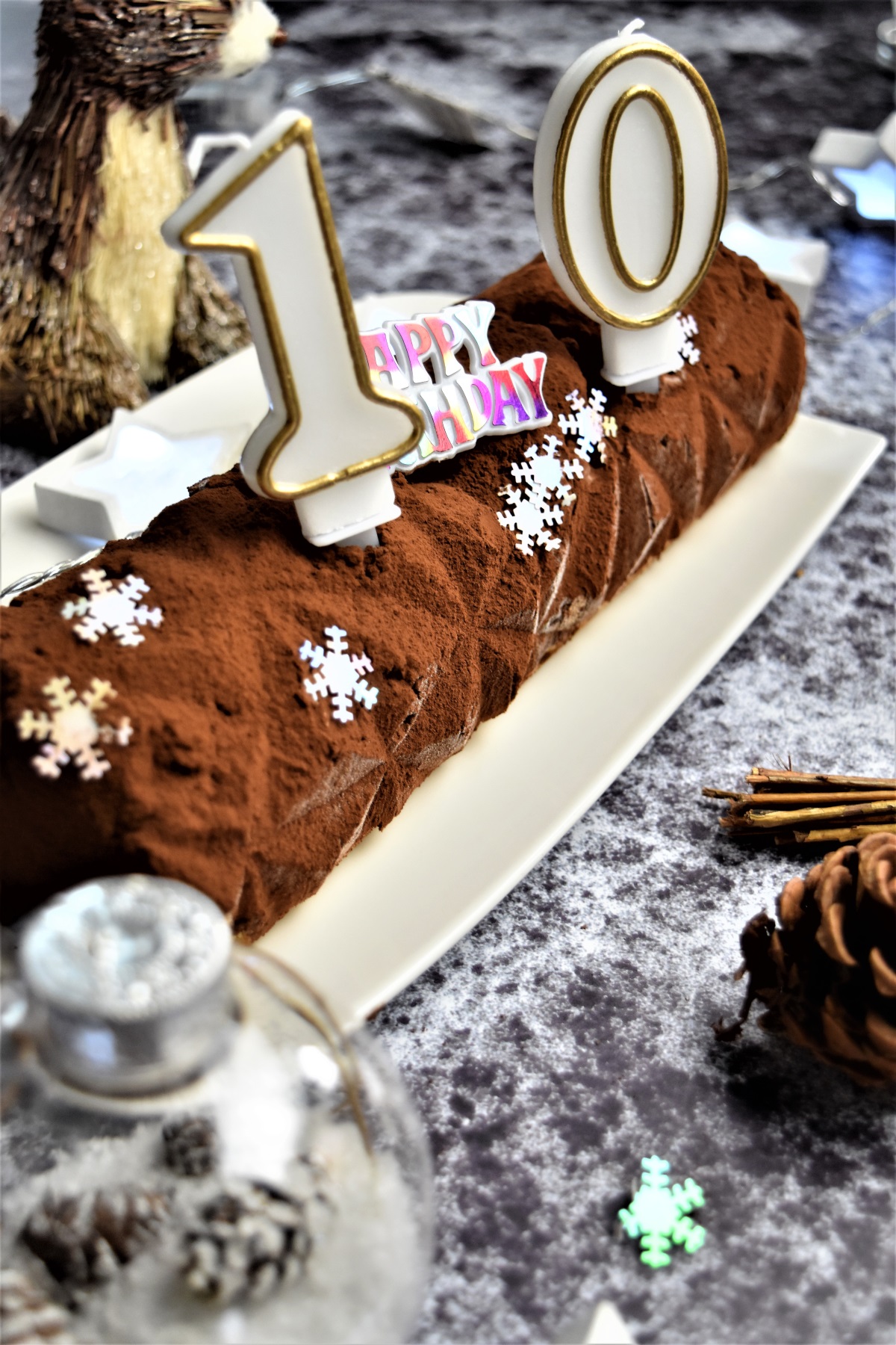 Décoration bûche de Noël en sucre et chocolat