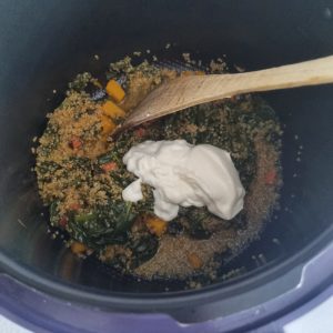Quinoa aux épinards, chorizo, potimarron et crème