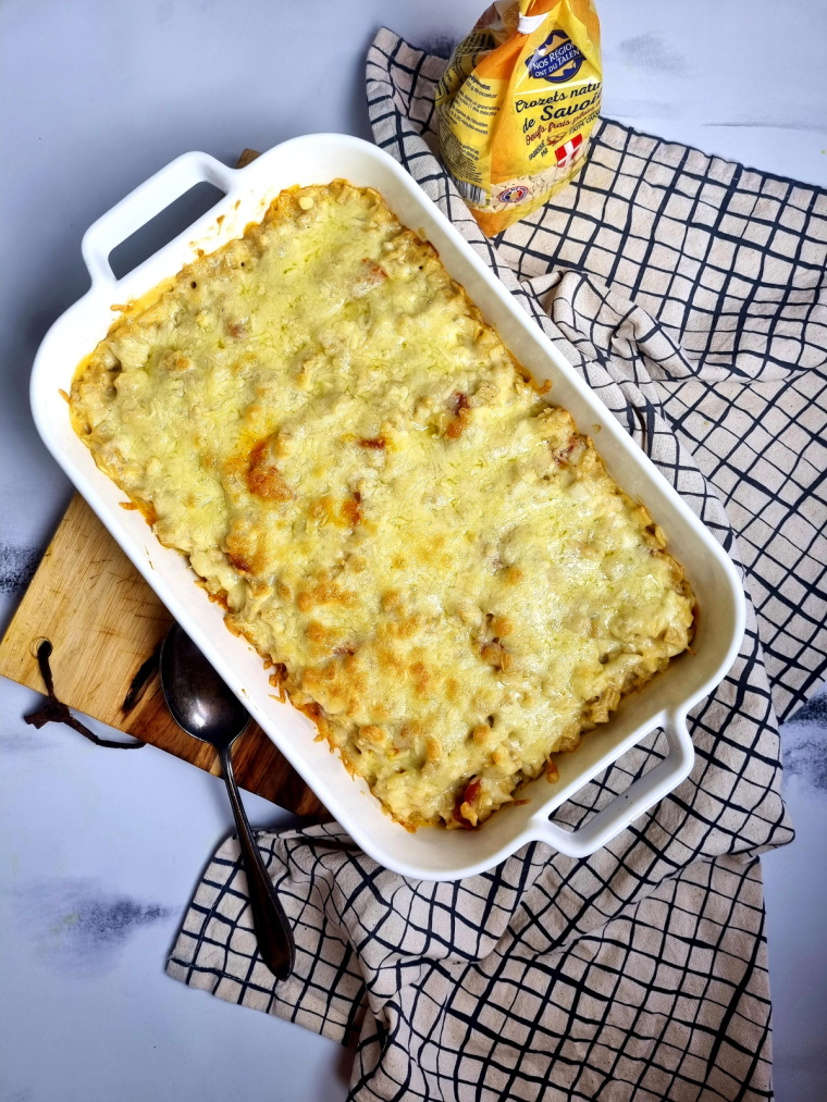 Gratin de crozets, chorizo, béchamel