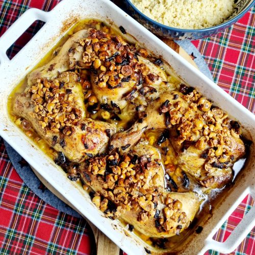 Cuisses de poulet au safran, noisettes et miel
