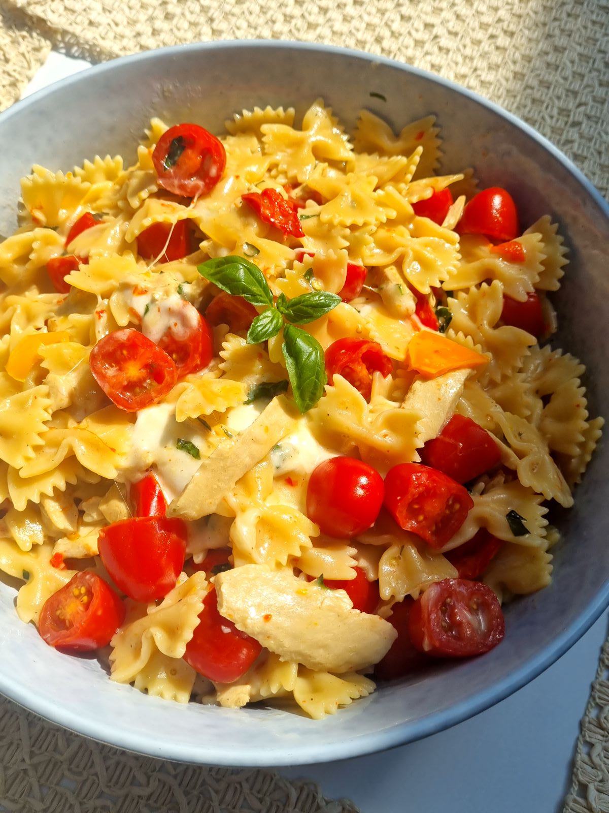 Pâtes, émincé végétal, tomate, poivron, ail, basilic, parmesan, mozzarella