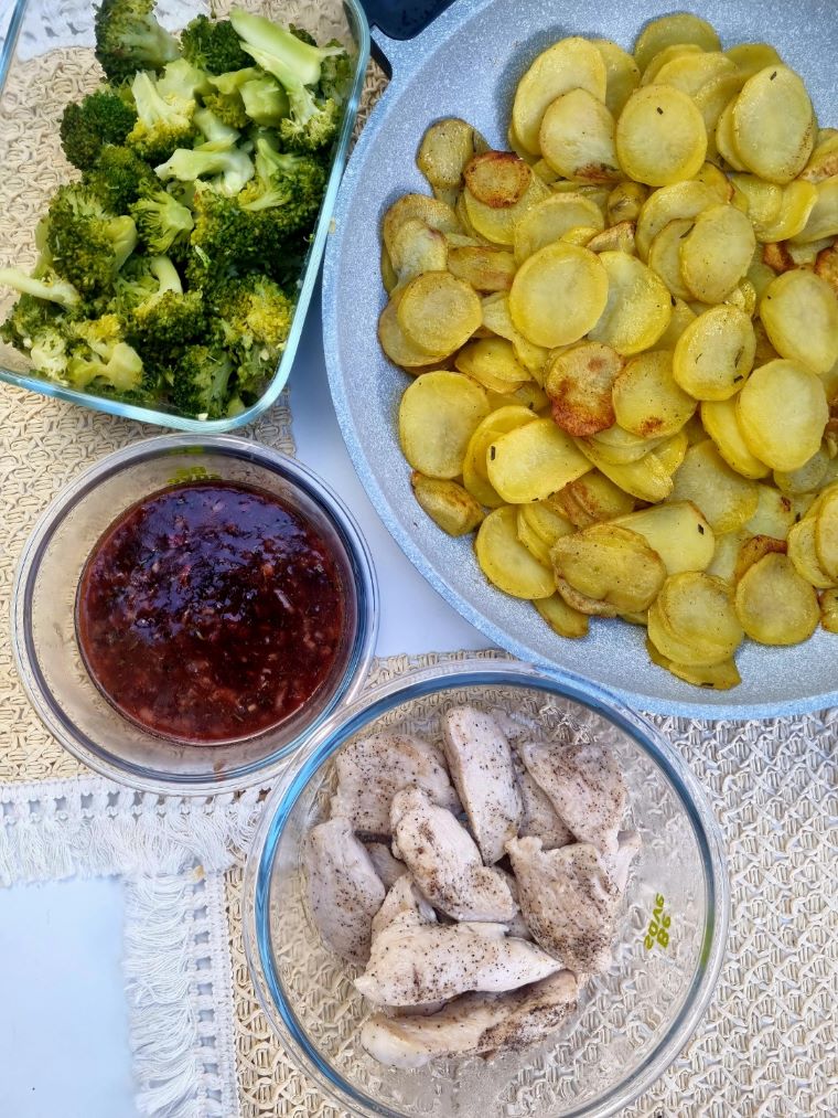 Poulet sauce fraise balsamique, brocoli et pommes rissolées