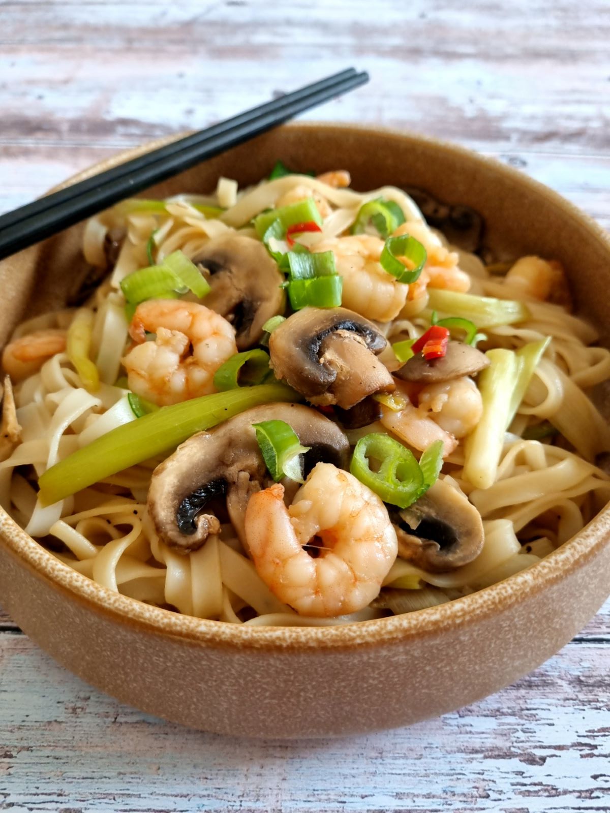 Chow fun aux crevettes, champiugnons et oignons nouveaux