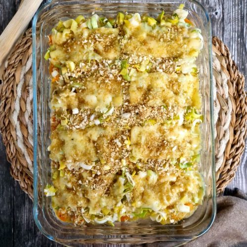 Gratin de pommes de terre, patates douces, poireaux et tomme de Savoie