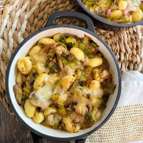 Gnocchi aux poireaux, champignons, munster