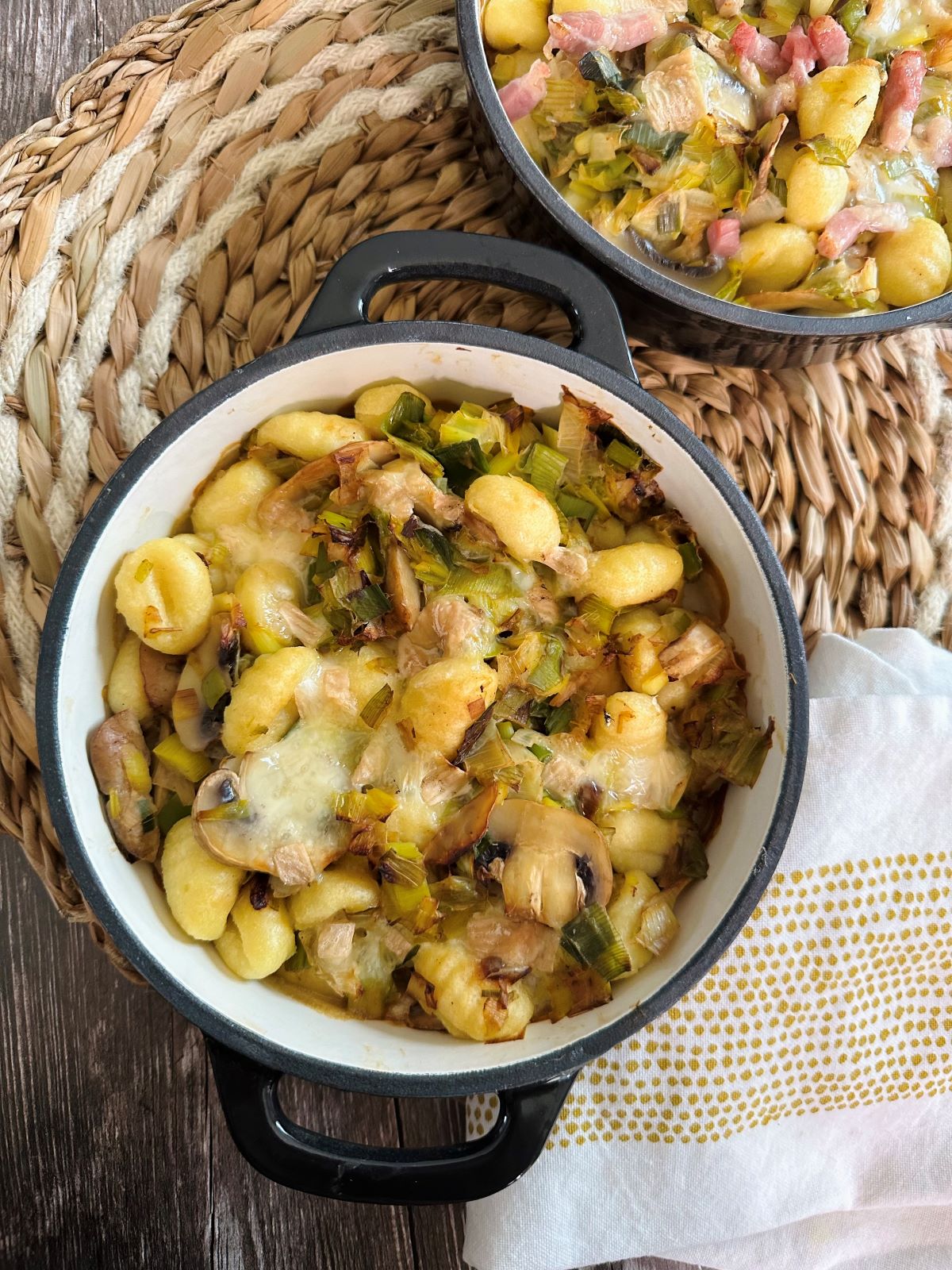 Gnocchi aux poireaux, champignons, munster