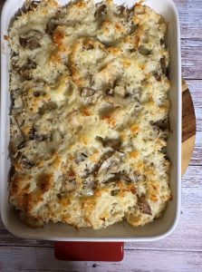 Gratin de riz, champignons et poulet