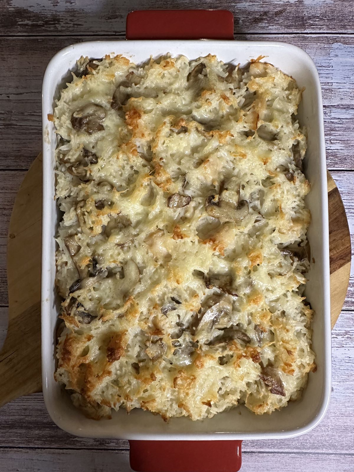 Gratin au riz, poulet, champignons, béchamel et fromage