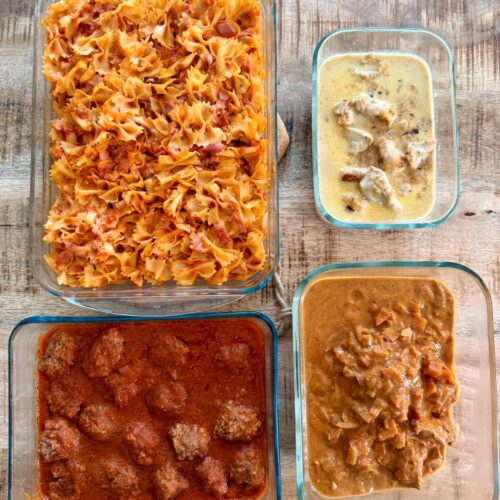 Batch cooking : - cari de poulet - poulet à la tomme de montagne - boulettes sauce tomate - gratin de pâtes