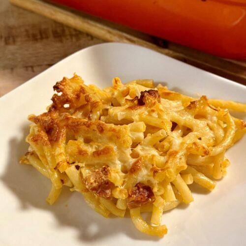 Gratin de pâtes au chorizo et mozzarella