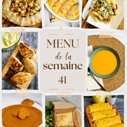Affiche « Menu de la semaine 41 » de yumelise.fr, sous forme de collage de huit photos de plats autour du titre. De gauche à droite et de haut en bas : une tarte rustique aux bords repliés, garnie de courge rôtie et de fromage émietté ; un gratin de légumes roulés dans du jambon, nappés de sauce dorée ; une assiette de gnocchis aux poireaux et aux dés de jambon ; des escalopes panées croustillantes sur une planche, avec un saladier de purée ; un velouté orange dans un bol vert sur un set en osier ; un cheesecake au spéculoos décoré de biscuits ; une galette de sarrasin complète avec un œuf au plat et une salade verte ; des crêpes roulées et gratinées dans un plat en terre cuite.