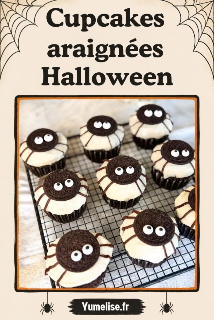 Image pinterest des cupcakes araignées, avec le titre en haut et le blog yumelise.fr en bas