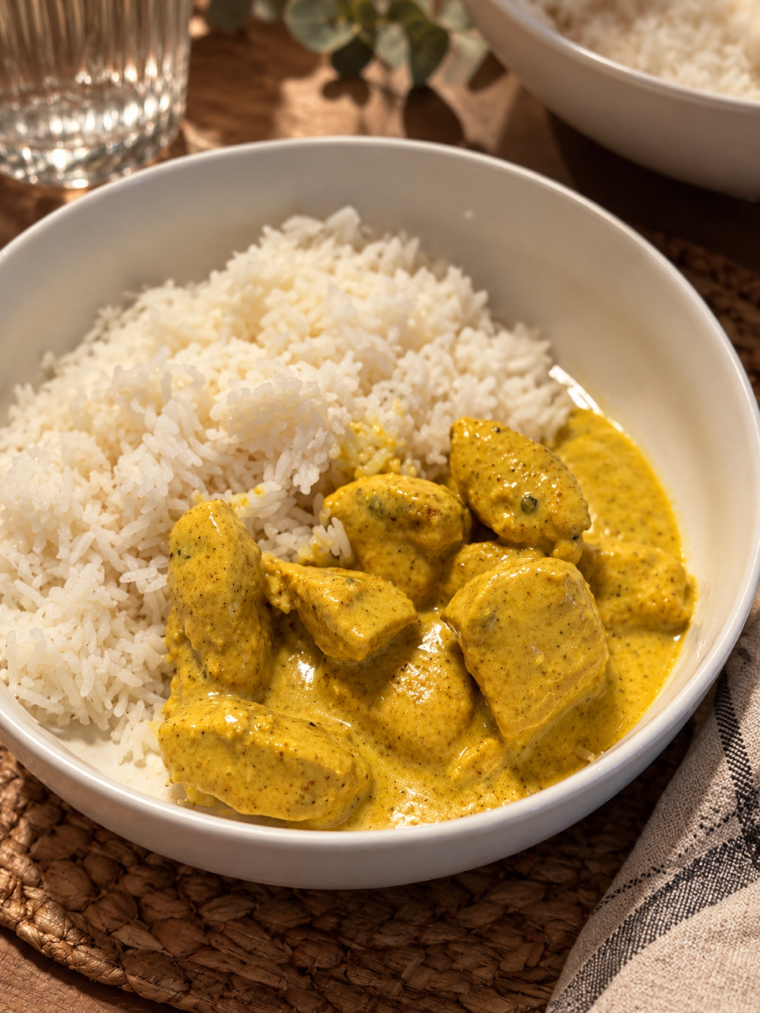 Poulet au curry express dans une assiette accompagné de riz